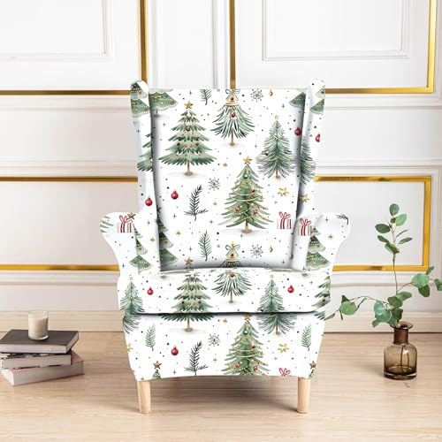 Hixingo 2-Teilig Ohrensessel Überzug, 3D-Muster Sesselbezüge Stretch Ohrensessel Bezug Abnehmbar und Waschbar für Wohnzimmer Schlafzimmer Hotel Sesselschoner (One Size,Weiße Weihnachten)