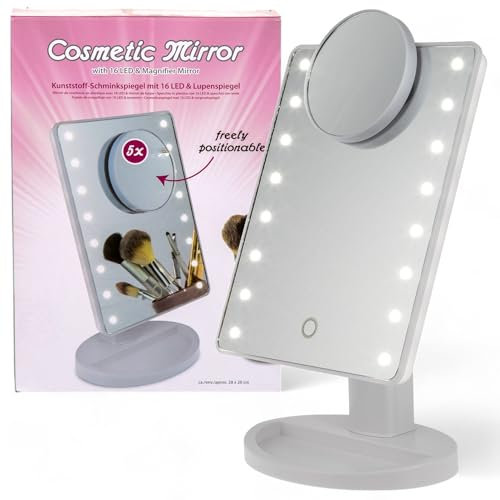 MIJOMA Schminkspiegel mit 16 LED, Lupenspiegel 5-Fach Vergrößerung - flexibel positionierbar, 28x20 cm, batteriebetrieben, weiß