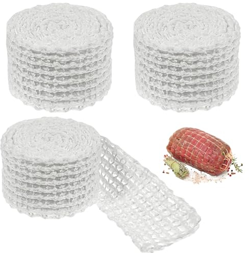GBKDQQ 3 Rolle Fleischnetz, Schinkennetz Weiß, rollbratennetz, Baumwollfaden Rouladennetz Kochzubehör Fleischnetzrolle, Räuchernetz zum Aufbewahren Aufhängen Backen Kochen Schinken, 3M/Rollen