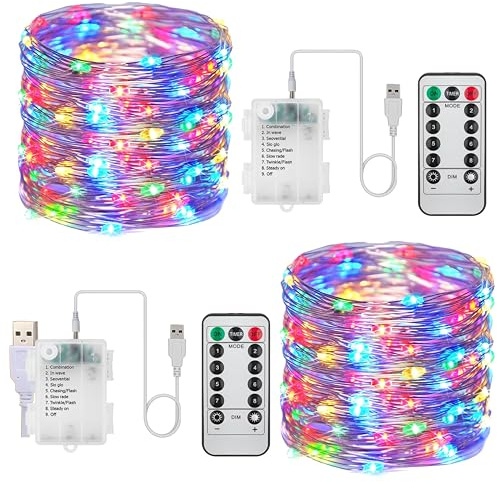 2 Pack Dual Power Fairy Lights – Battery & USB Operated, 10M 100 LED Waterproof String Lights with Remote, 8 Modes Dimmable for Indoor/Outdoor, Garden, Patio, Bedroom, Christmas (Multicolor)