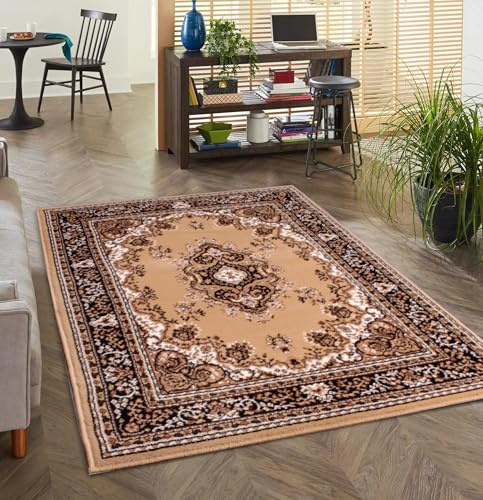 Lord of Rugs Lancashire Traditional Rug for Living Room, Bedroom, Hallways Lounge Classic Carpet Floral Bordered Medallion Oriental Rug Berber Beige, X-Small 60x110 cm (2'x3'7)