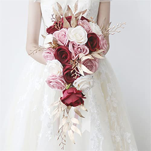 Romantico bouquet da sposa a cascata con fiori di rosa artificiali in bianco rosa e rosso goccia d'acqua bouquet da sposa per addio al nubilato o anniversario di matrimonio