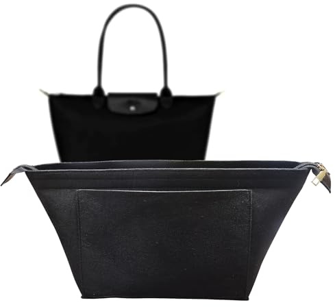 UMLIPOT Tascheneinsatz Organizer M,Dickeres Filz Perfektere Größe,Passend Für Longchamp Tragetasche mit langem Griff für longchamp M,Mit Reißverschluss und Multifunktionalen Taschen（M/Schwarz）