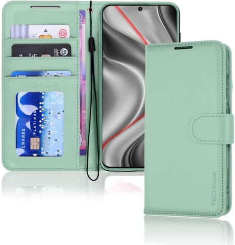 TECHGEAR For Samsung S25 Phone Case, Mint Green PU Leather Wallet Case with RFID Blocking, Card Slots, Stand Function, Wrist Strap, Magnetic Closure, Offering Shockproof Protection for Galaxy S25 5G
