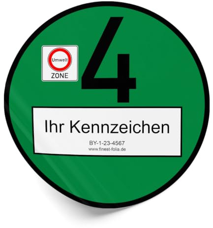 Finest Folia Offizielle Euro 4 Umweltplakette Grün legal zugelassen | Feinstaubplakette legal für Umweltzonen in Deutschland individuell personalisiert selbstklebende Folie UV-beständig langlebig