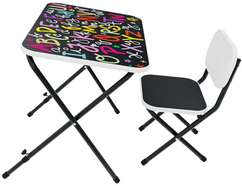 Kindertisch mit 2 Stühlen – Praktisches Spieltisch-Set für Kleinkinder – Klappbare und mitwachsende Kindersitzgruppe, Kindertisch mit verstellbarer Tischplatenneigung (Alphabet, weiß)