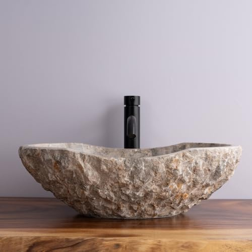 Lavello da bagno in marmo Breccia grigio fossile, con motivi unici beige e oro, lavello da bagno a forma di canoa intagliato a mano, lavello da appoggio rustico moderno