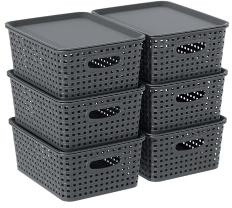 Xyskin 6-Pack Stackable Shelf Basket with Lids, Plastic Weave Storage Basket for Desktop, Cupboard, Office, Kitchen, Bathroom, Grey