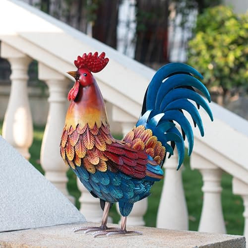 Kircust Metal Rooster Yard Art Statue, Chicken Garden Animals Sculpture Lawn Ornament Figurines Artwork for Outdoor, Patio,Backyard and Home Kitchen Decoration