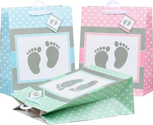 HEKU Premium XL-Geschenktaschen Baby in pastell, 3 Stück I 33x26x13 cm I Edle Prägung & UV-Lack-Veredelung I Vielseitig einsetzbar I Umweltfreundlich & Wiederverwendbar