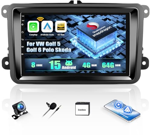 CAMECHO Android 15 Qualcomm Octa Core 4G+64G Autoradio für VW Golf 5 Golf 6 Polo Skoda mit Carplay Android Auto Navi Dual WiFi 7-Zoll Bildschirm mit Navi Bluetooh5.1 FM/RDS+Rückfahrkamera