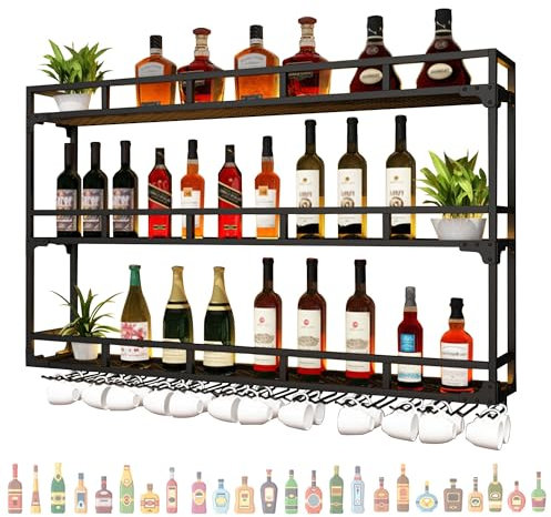 JOSIAHCQ Weinregal Metall mit Licht Flaschenregal Schmal Bar Regal Wand Weinschrank Wine Rack mit Weinglashalter Küchenregal für Bartheke Wohnzimmer Küche Esszimmer(Nero,120 * 25 * 90cm)