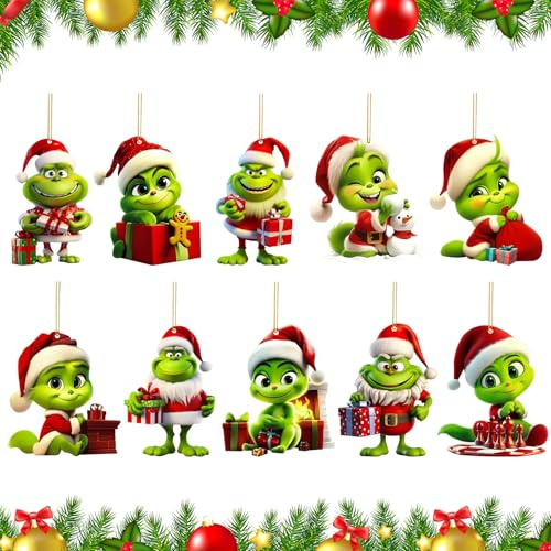 MKAKYES Grinch Weihnachtsdeko, 10 Stück Grinch Deko Weihnachtenanhänger, Weihnachtsbaumschmuck mit Kordel 2D Acryl Anhänger, Grinch Hängende Ornament für Weihnachtsbaum Dekorationen, Urlaub, Party
