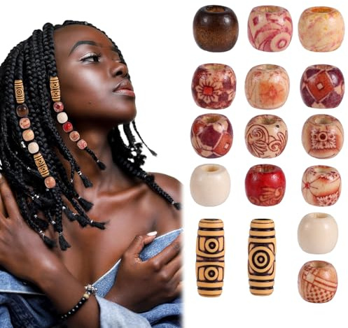 60 Stück Haarperlen Holz für Zöpfe, Retro Mehrere Formen Dreadlocks Zopfperlen Makramee Perlen für Handgefertigte Haaraccessoires Basteln Schmuckherstellung