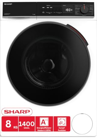 SHARP ES-WNFB814CWDA-DE Waschmaschine 8 kg, EEK A-20%, 1400 U/min, WiFi, Inverter Motor, Dampf, AquaStop, Weiß