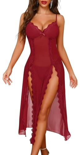 UMIPUBO Sexy Dessous Damen Negligee Lang Nachthemd Unterwäsche Spitze Babydoll Lange Kleid Reizwäsche Frauen Transparent Mesh V-Ausschnitt Curvy Nachtwäsche Dessous-Sets (Weinrot, XL)