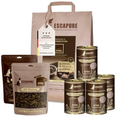 ESCAPURE Testpaket Pferd – Monoprotein für Hunde – Trockenfutter, Nassfutter & Snacks – Getreidefrei & ohne Zusatzstoffe – Ideal für Sensible Hunde (7-teilig)