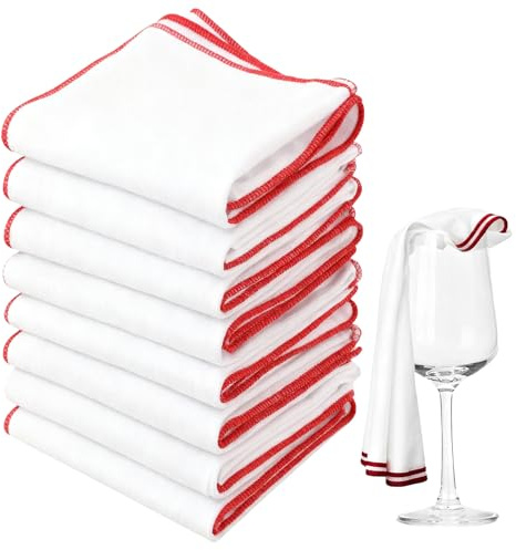8 panni lucidanti per bicchieri da vino, 40 x 60 cm, in microfibra per vetro, riutilizzabili, per la pulizia, per bicchieri da vino, senza aloni, in microfibra, colore bianco, con bordo rosso