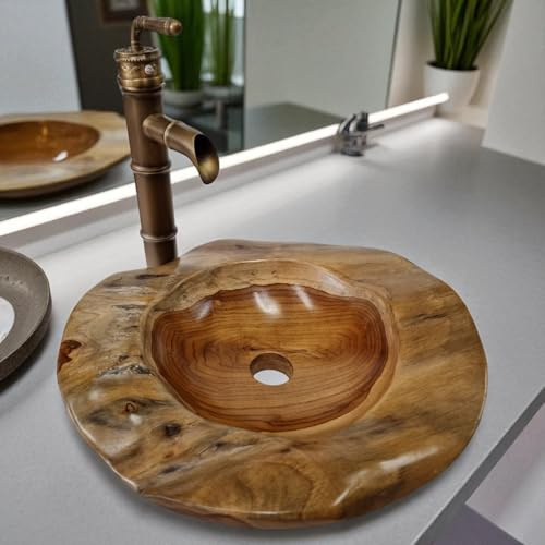Kinaree Lavabo redondo de teca único, cuenco hecho a mano de 40 cm de diámetro para cuarto de baño – Lavabo macizo natural – Diseño de