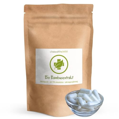 vitalundfitmit100 Bio Bambus Extrakt – 250 Kapseln – Hochdosiert – Vegan