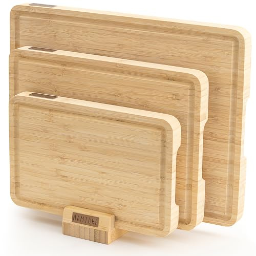 NAMTURE Tabla de cortar de madera, 2,5 cm de grosor, con superficie de aceite de alta calidad, ranuras para jugo, pies antideslizantes y soporte para tablas, tablas de cortar de madera de bambú en
