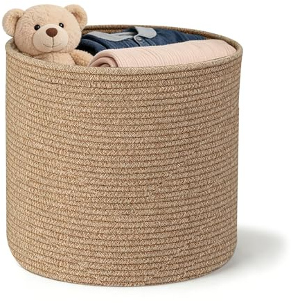 LUPATDY Tvättkorg flätad D 40 x H 35 cm, förvaringskorg med handtag, tvättkorg förvaring för filtar, leksaker, gosedjur, kläder, karamellfärger