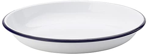 Utopia Eagle Enamel Deep Plates 8.5 / 22cm - Set of 6 - White Enamel Oval Plates with Blue Rim