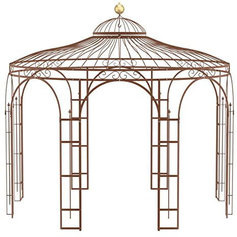 ELEO Pavillon Florenz rostoptik mit Dekorkugel - rund 4x4 m Rankpavillon für den Garten handgeschmiedet Schmiedeeisen romantisch - Rosenpavillon Metall stabil rost Edelrost - für draußen Winterfest