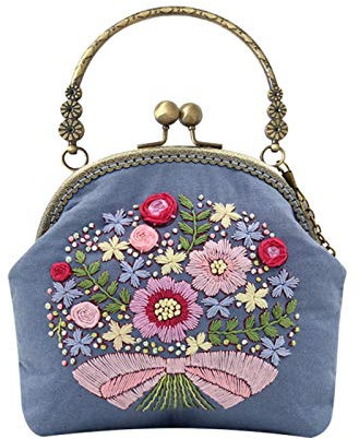Fydun DIY Schulter Stickerei Handtaschen, einfache handgemachte tragbare Umhängetasche Handarbeiten Nähen Handwerk für Anfänger 16,5 cm(Blumenmuster)