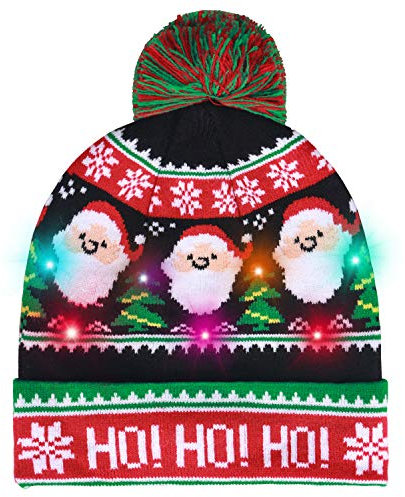 Lurowo Weihnachtsmütze, Unisex, LED-Licht, Weihnachtsmützen mit Bommel, 7 bunte LEDs, für Weihnachten, gestrickt, warm, für Party, Camping (B), Einheitsgröße