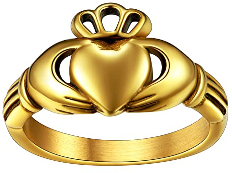 FaithHeart Claddagh Anello Uomo Donna Mani Tenendo il Cuore Fidanzamento Amicizia Placcato Oro/Nero/Acciaio inossidabile Dimensioni 52-67 Regali di compleanno fortunati Ragazza Ragazzo