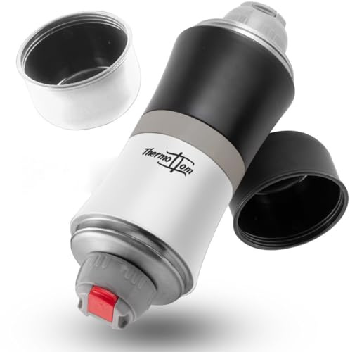 ThermoTom Termoskanna 1 l rostfritt stål med mugg • Stor termosflaska för 2 drycker • Termosflaska för resor • Termokanna som varmhållningsbehållare (svart och vit + grå)
