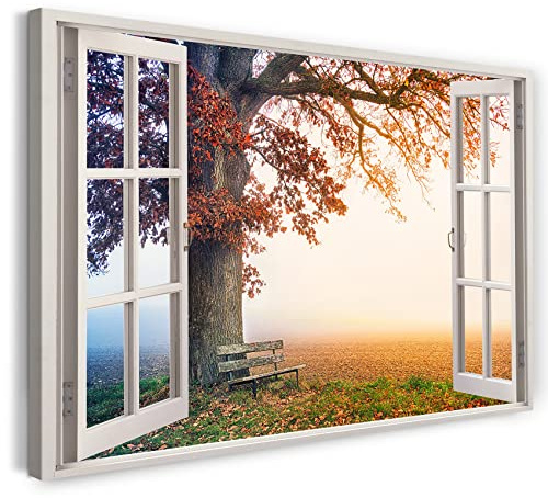 Bilder Fensterblick 100x70cm Baumwoll-Leinwand auf Keilrahmen mit Aufhänger moderner Kunstdruck XXL Wandbilder Wand-Dekoration Bank unter Baum Herbst Nebel Blätter Natur - Natur-Fotografie