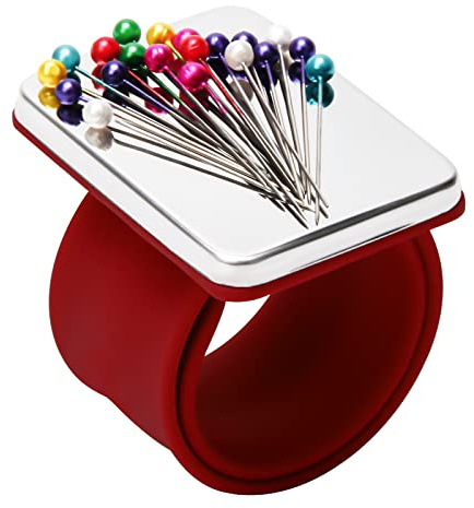 Magnetic Wrist Sewing, Portable Arm Pin Cushion Magnetic Pincushion with Wristband for Sewing Collection, Hair Stylists, and Quilting (Red)