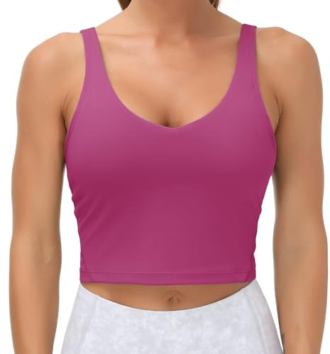 Women’s Longline Sports Bra Wirefree Padded Medium Support Yoga Bras Gym Running Workout Tank Tops(Fuchsia, Medium)