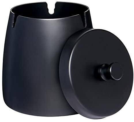 OILP Solid Ashtray with Lid Smell Proof,Smokeless Ashtray for Cigarettes Indoor,Stainless Steel Windproof/Rainproof Ashtray,Ash tray for Outdoor Patio Outside Home Table Decor(Black,Small)