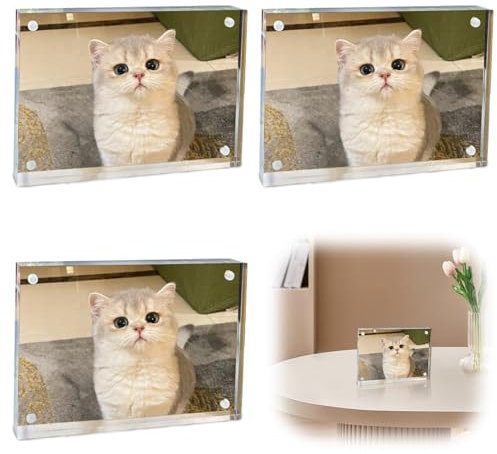 Leikurvo 3 cornici portafoto in acrilico, 10 x 15 cm, cornice magnetica, cornice senza cornice, trasparente, doppio display, spessore 5 mm, magnetico, per scrivania e ufficio