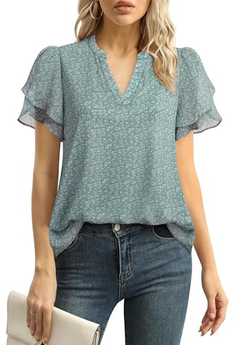 Lotusmile Floral Tops - Dressy & Casual Chiffon Blouses for Summer, V-Neck, Short Flutter Sleeves, Flowing & Trendy