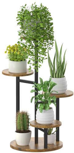 LyTaispuly 5 Tier Plant Stand Indoor Outdoor, Tiered Metal Wood Plant Pot Stands Flower Shelf for Multiple Plants, Plant Holders Rack Stand for Garden Balcony Patio Living Room (Black)