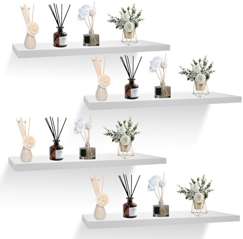 CYEER Floating Shelves Set of 4, White Floating Shelf Wall Shelves, Wooden Invisible Shelves for Wall Office, Bedroom and Kitchen Wall Decoration Storage and Display 40x20x1.6CM