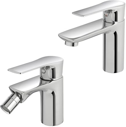 Set miscelatori lavabo e bidet con piletta click-clack, in ottone cromato lucido con scarico automatico incluso, serie FLAT