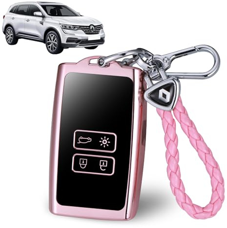 JIZZU Autoschlüssel Hülle für Renault, 4 Tasten, Rosa | Keyless Smart TPU Schlüsselhülle mit Schlüsselanhänger, TPU Smart Key Case, Renault-Schutzhülle für Autoschlüssel