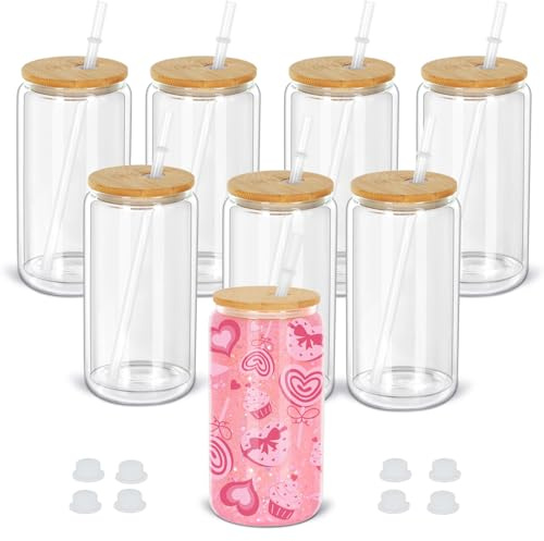 Maucircol 16 Oz Snow Globe Tumbler, 8 Pack Pre-Drilled Sublimation Glass Cup For Glitter Snow Globe Diy, Double Wall Sublimation Glass Tumbler
