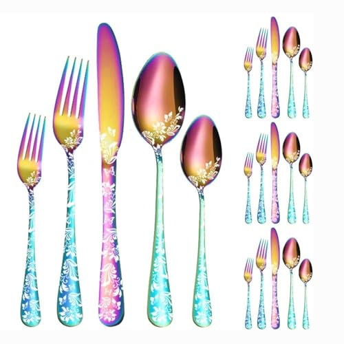 Royal Shang Youpin Ensemble De Vaisselle en Argenterie De Cuisine À Motifs Électrolytiques, Ensemble De Couverts en Acier Inoxydable 18/10, Couteau À Steak, Fourchette, (Couleur illusoire,20 pièces)