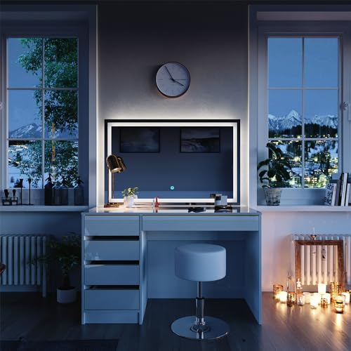 Vicco Schminktisch Sherry, Weiß/Gold, 120 cm | mit LED-Spiegel und Hocker, mit LED-Beleuchtung und gepolstertem Sitzhocker