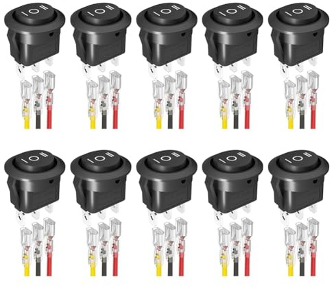 Begchy Lot de 10 interrupteurs à bascule ronds KCD1 12 V 3 broches 3 positions On Off sur DC Circle Interrupteur à bascule avec fils pour voiture, bateau