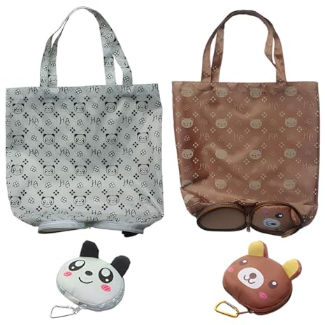 LHLZNB 2 Pairs Cartoon foldable shopping bag, fold up bag，Reusable Eco Grocery Tote Bags Foldable in a Pouch, Washable Grocery Shopping Bags for Daily Shopping Travel Storage