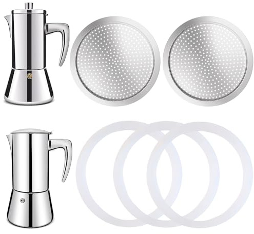 DITOSH Lot de 2 filtres avec 3 joints d'étanchéité en silicone pour cafetière expresso de 6 tasses - Pièces de rechange pour cafetière à moka en acier inoxydable 304