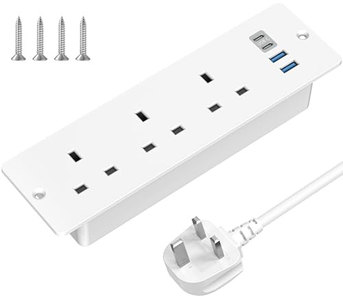 Recessed Power Socket with USB C, 2M Extension Lead, 6.5FT Power Strip | ANVODE Hidden Desk Power Sockets, 3 Outlets, 2 USB A, 2 USB-C Ports, Hidden in the Furniture Desk Table, White