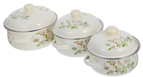Amosfun Mini Enamel Stew Pot Set 3pcs (16-18-20cm) Small Floral Double Ear Soup Cooker Flat Bottom Simmer Pan for Gas Stove Kitchen Cooking